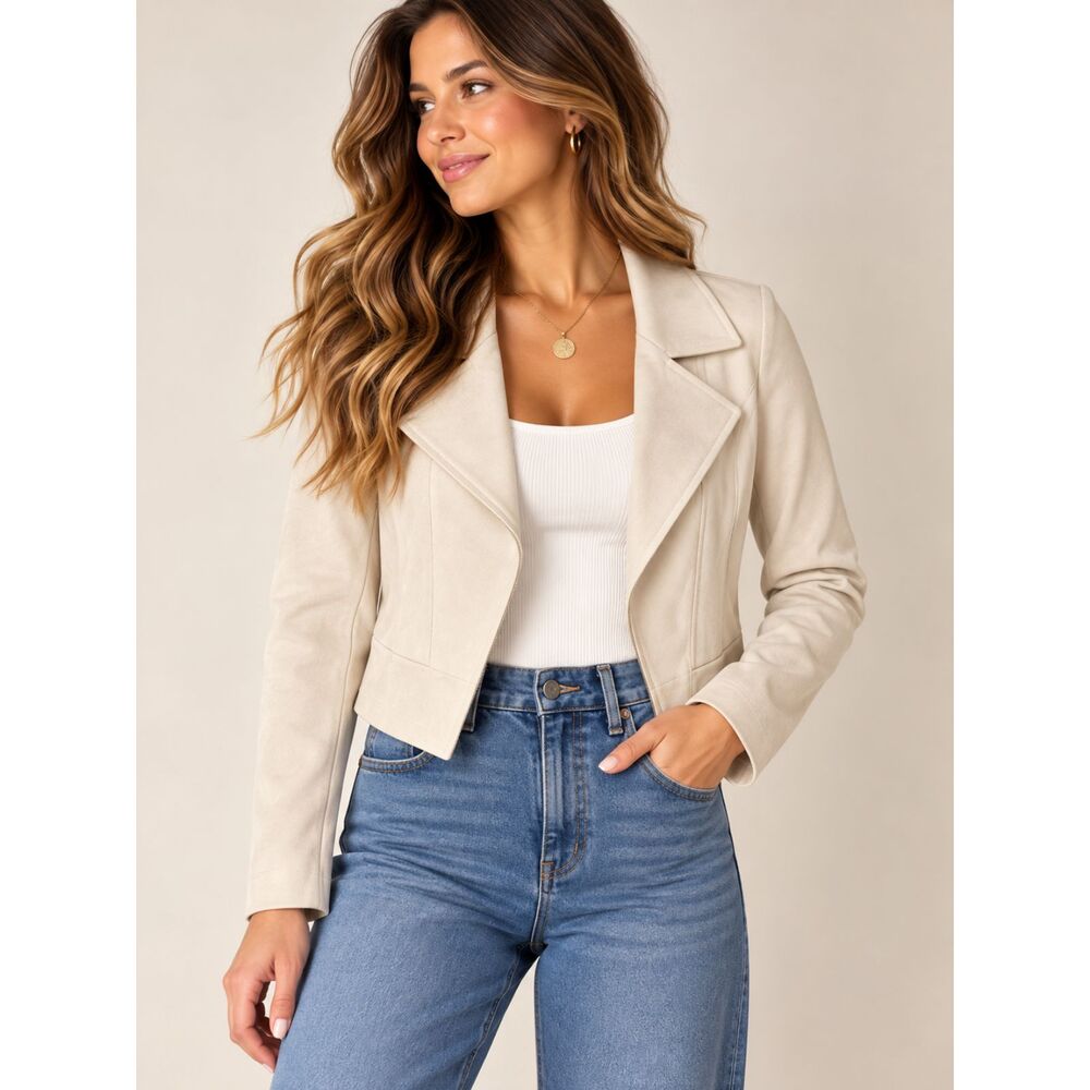 Allegra K Faux NWT Suede Moto Jacket L Cream Beige Cropped Minimalist Fall